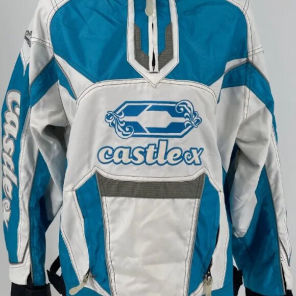 CastleX Womens Racing Jacket Blue White Color Block Pockets Mock Neck 1/4 Zip S - Picture 1 of 13